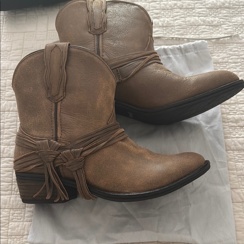 Tan Leather Western Ankle Boots